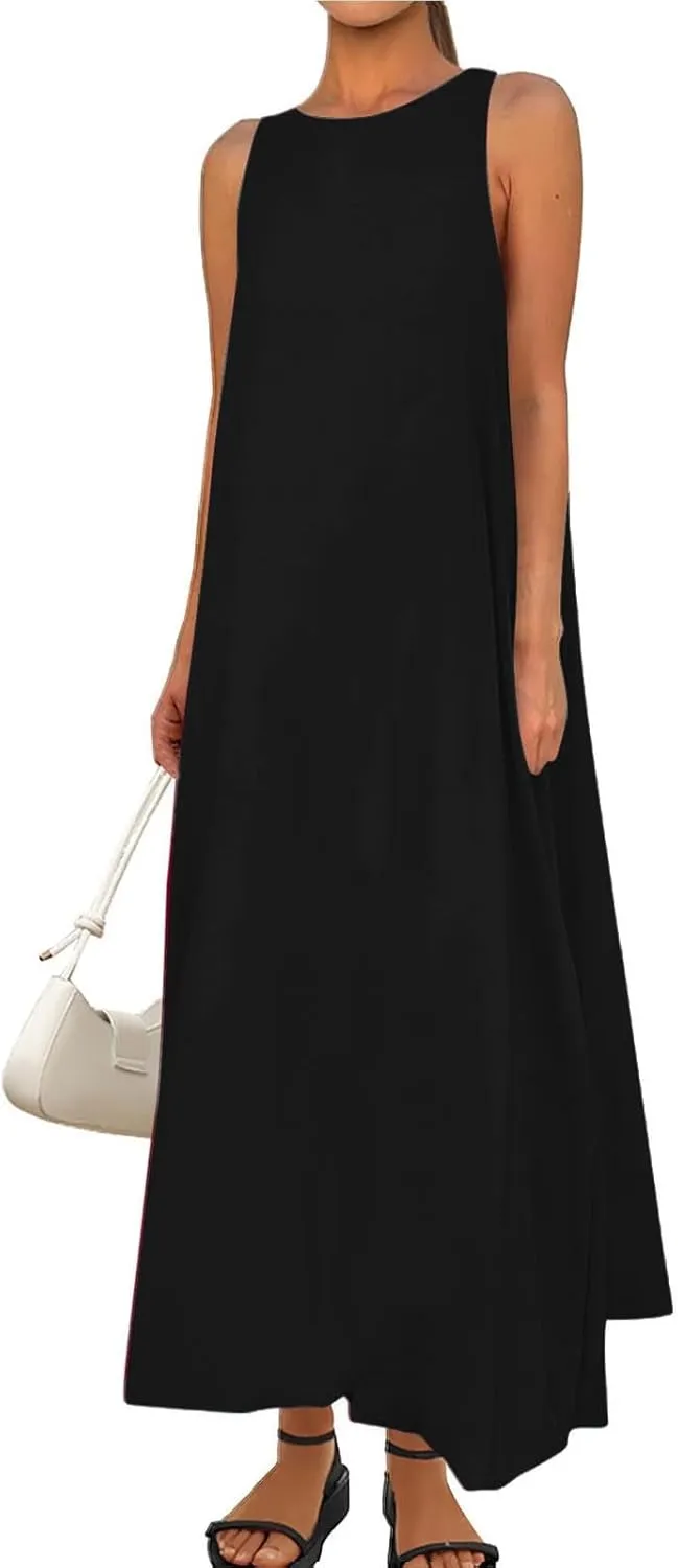 Women Comfy Maxi Sundress Summer Sleeveless Casual Beach Dresses Flowy Lightweight Crewneck Tank Dress with Pockets