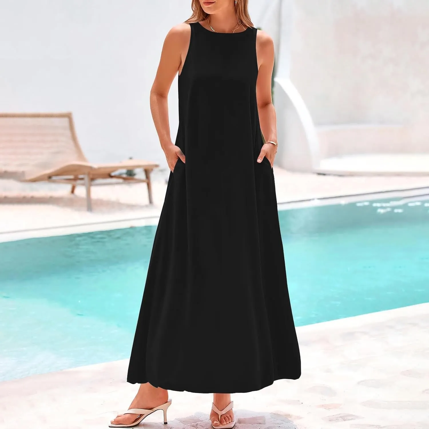 Women Comfy Maxi Sundress Summer Sleeveless Casual Beach Dresses Flowy Lightweight Crewneck Tank Dress with Pockets
