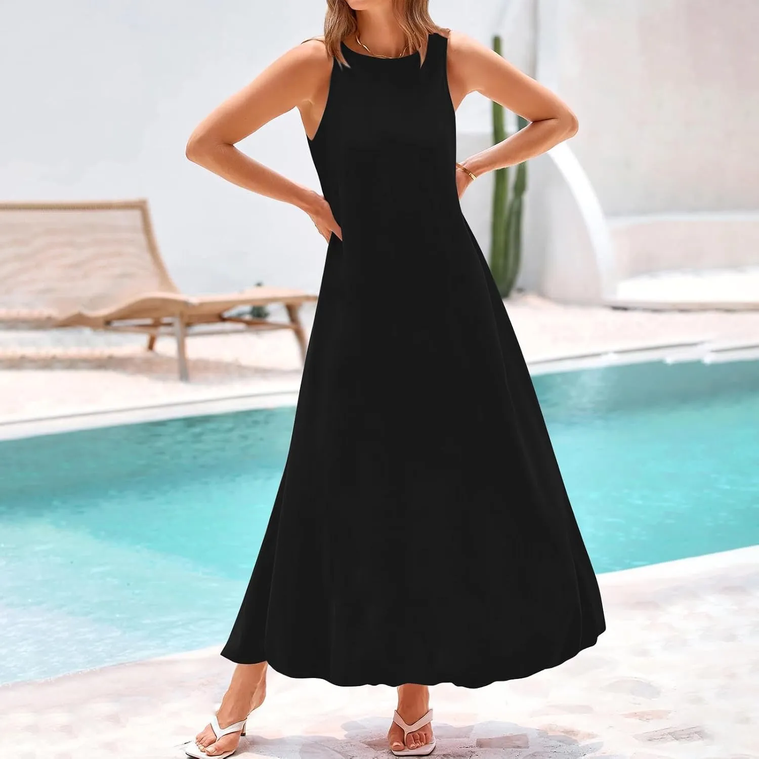 Women Comfy Maxi Sundress Summer Sleeveless Casual Beach Dresses Flowy Lightweight Crewneck Tank Dress with Pockets
