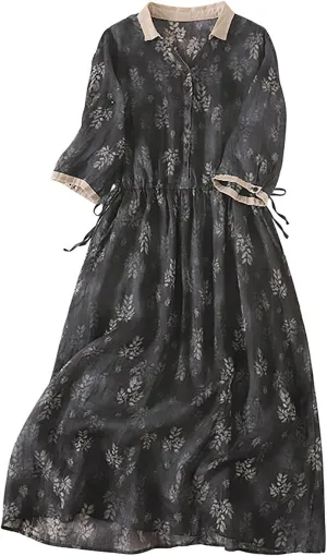 Women Cotton Linen Korean Style Fashion A-Line Dresses Summer Half Sleeve Lace-Up Waist-Defined Floral Casual Dress
