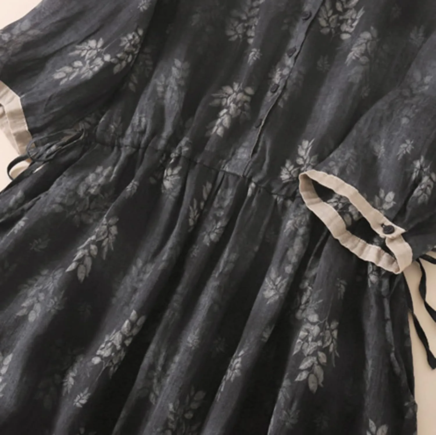 Women Cotton Linen Korean Style Fashion A-Line Dresses Summer Half Sleeve Lace-Up Waist-Defined Floral Casual Dress