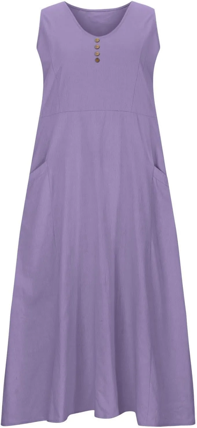 Women Cotton Linen Summer Dresses 2024 Trendy Maxi Dress Flowy Sleeveless Long Sundresses Boho Casual Vacation Clothes