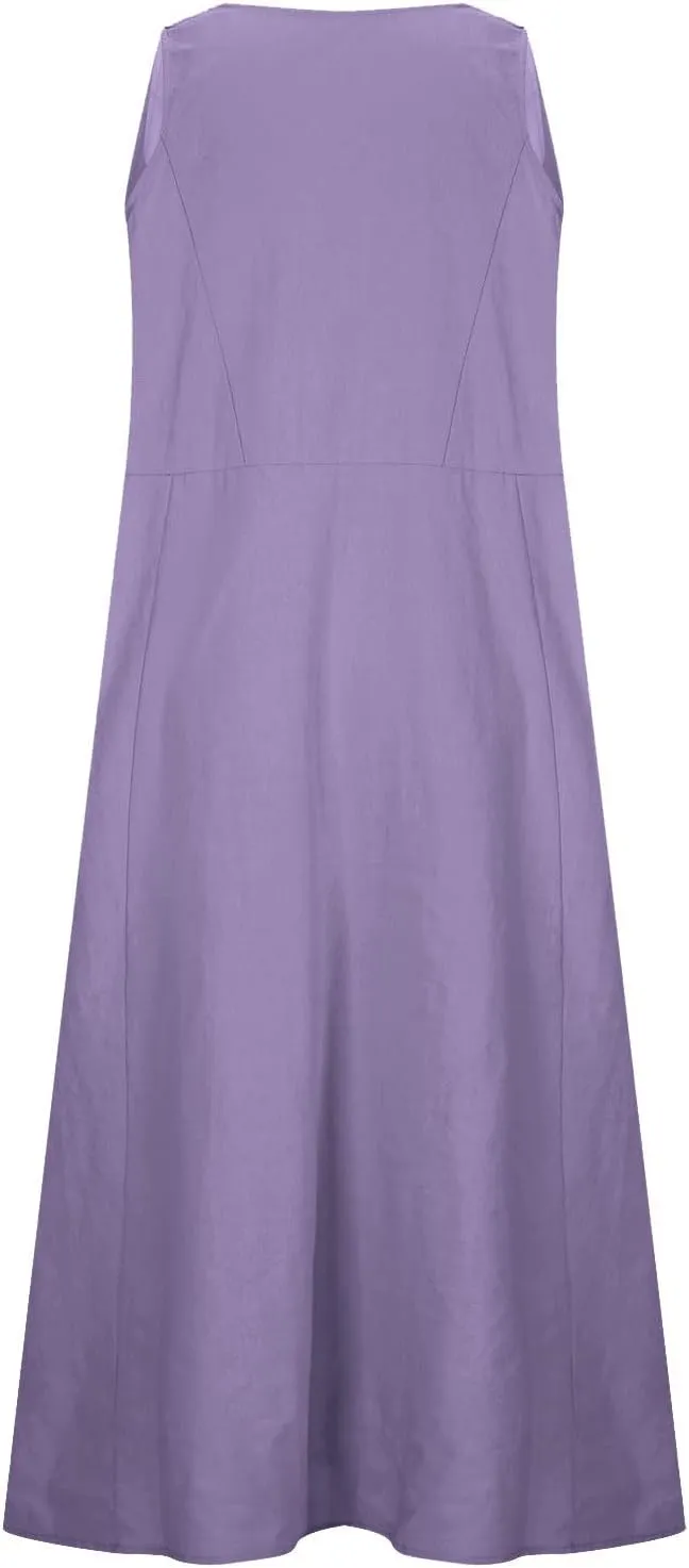 Women Cotton Linen Summer Dresses 2024 Trendy Maxi Dress Flowy Sleeveless Long Sundresses Boho Casual Vacation Clothes