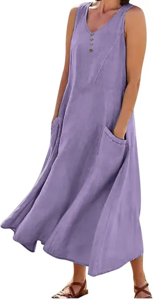 Women Cotton Linen Summer Dresses 2024 Trendy Maxi Dress Flowy Sleeveless Long Sundresses Boho Casual Vacation Clothes