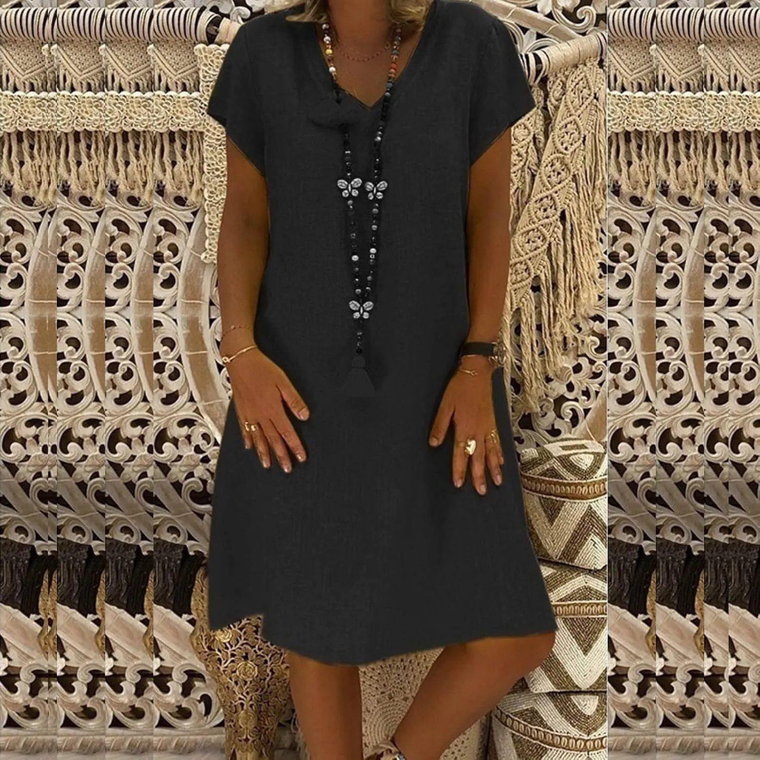 Women Cotton Linen T Shirt Dress V Neck Short Sleeve Summer Causal Tunic Beach Dresses 2025 Trendy Vacation Outfits