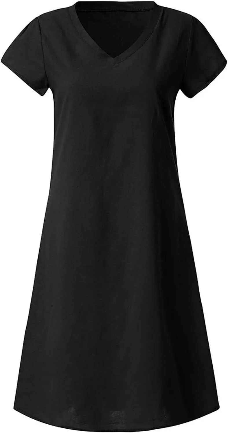 Women Cotton Linen T Shirt Dress V Neck Short Sleeve Summer Causal Tunic Beach Dresses 2025 Trendy Vacation Outfits