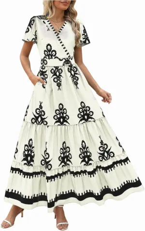 Women Ethnic Floral Maxi Dress Summer Short Sleeve V Neck Flowy Aline Dress Retro Tiered Ruffle Dresses with Pockets