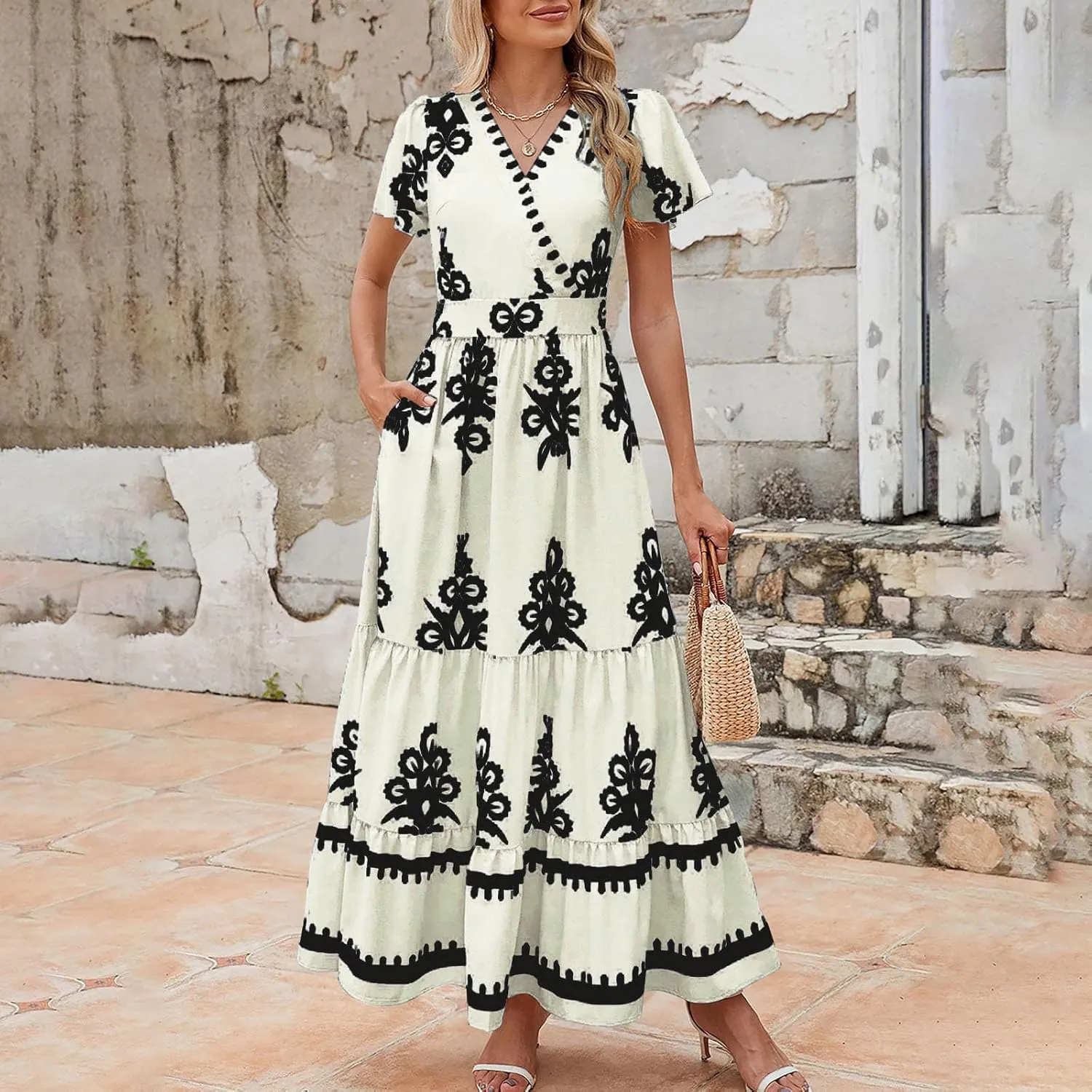 Women Ethnic Floral Maxi Dress Summer Short Sleeve V Neck Flowy Aline Dress Retro Tiered Ruffle Dresses with Pockets