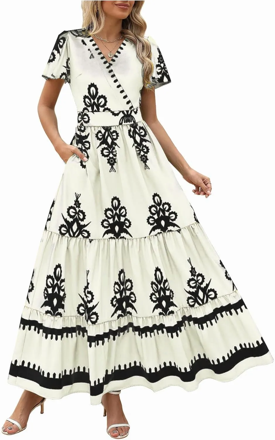 Women Ethnic Floral Maxi Dress Summer Short Sleeve V Neck Flowy Aline Dress Retro Tiered Ruffle Dresses with Pockets
