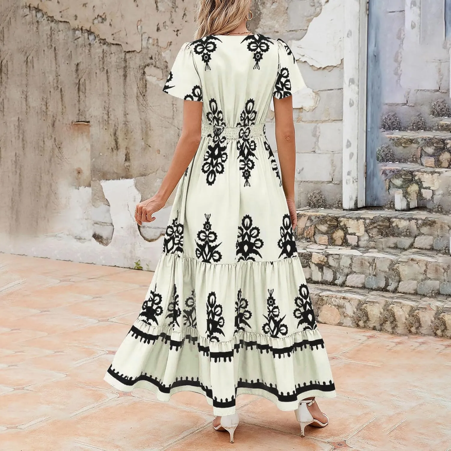 Women Ethnic Floral Maxi Dress Summer Short Sleeve V Neck Flowy Aline Dress Retro Tiered Ruffle Dresses with Pockets