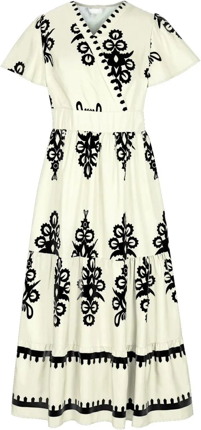 Women Ethnic Floral Maxi Dress Summer Short Sleeve V Neck Flowy Aline Dress Retro Tiered Ruffle Dresses with Pockets