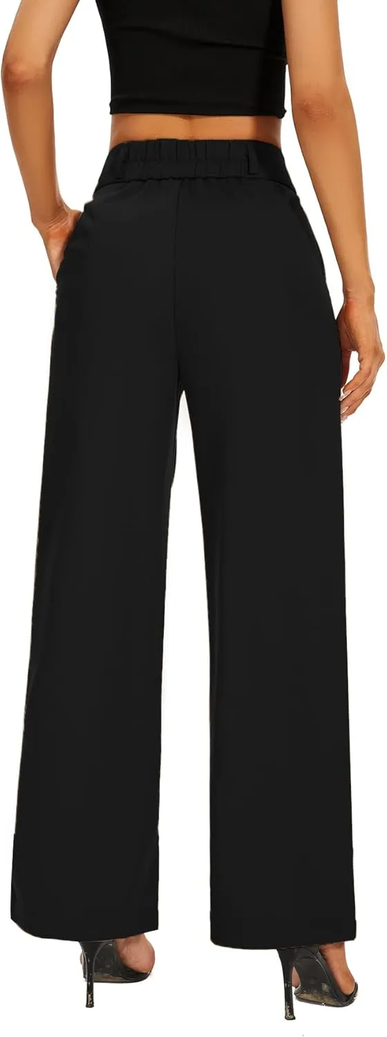Women High Waist Wide Leg Dress Pants Pleated Front Wide Waistband Elastic Work Casual Long Trousers