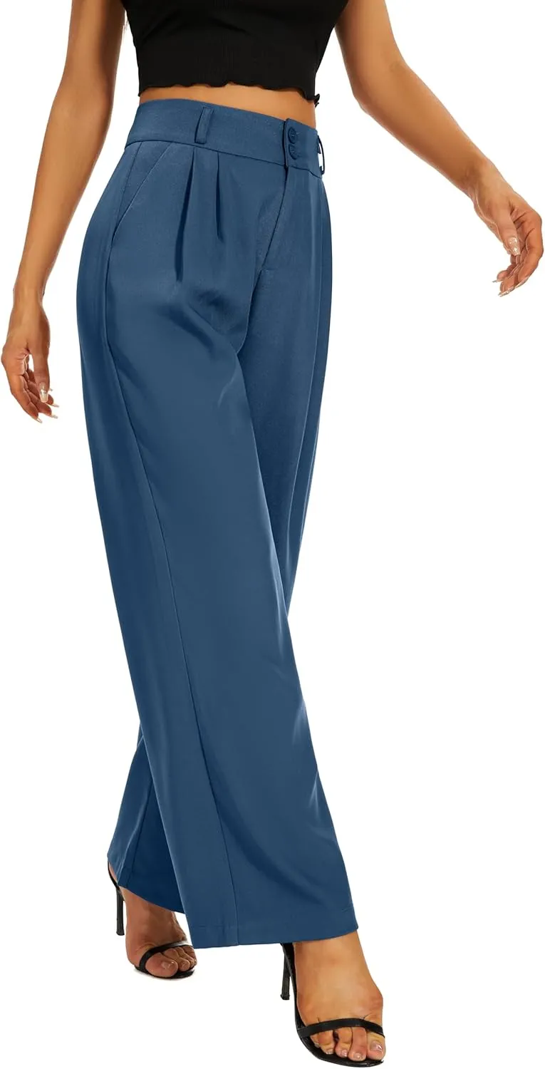 Women High Waist Wide Leg Dress Pants Pleated Front Wide Waistband Elastic Work Casual Long Trousers