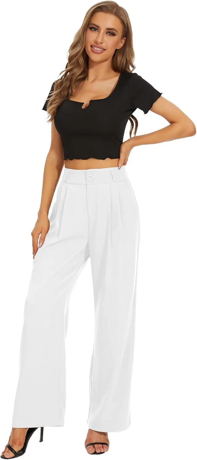 Women High Waist Wide Leg Dress Pants Pleated Front Wide Waistband Elastic Work Casual Long Trousers