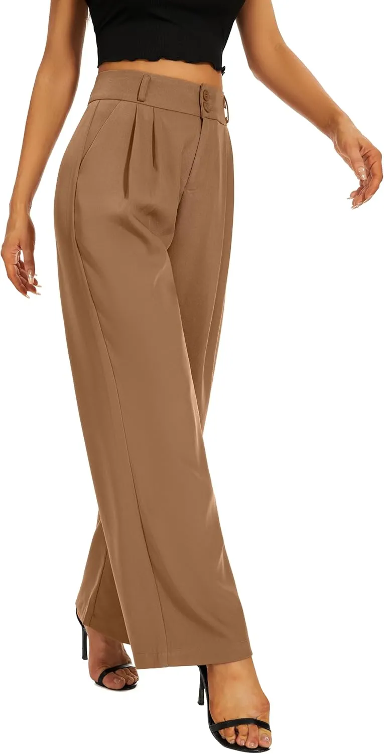 Women High Waist Wide Leg Dress Pants Pleated Front Wide Waistband Elastic Work Casual Long Trousers