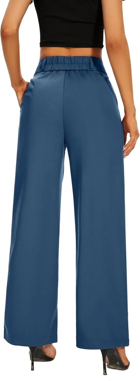 Women High Waist Wide Leg Dress Pants Pleated Front Wide Waistband Elastic Work Casual Long Trousers
