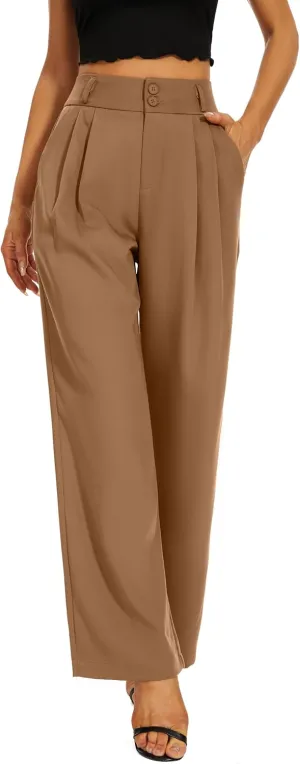 Women High Waist Wide Leg Dress Pants Pleated Front Wide Waistband Elastic Work Casual Long Trousers