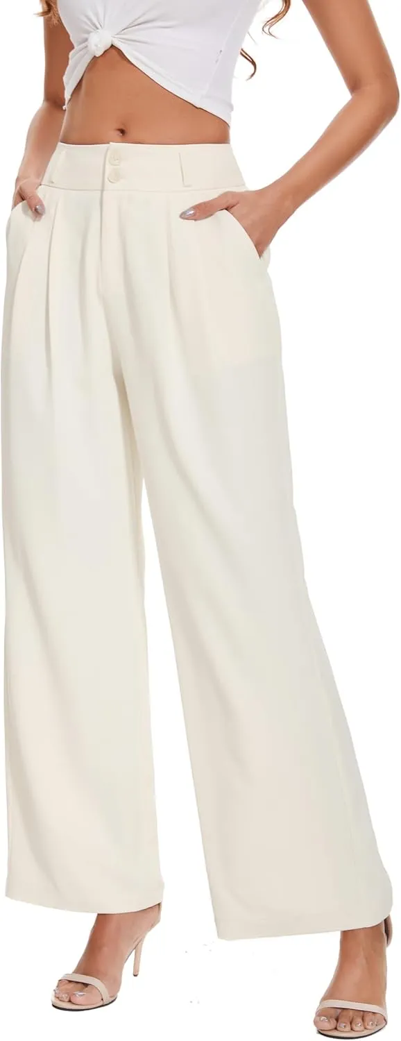 Women High Waist Wide Leg Dress Pants Pleated Front Wide Waistband Elastic Work Casual Long Trousers
