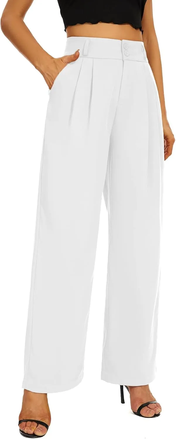 Women High Waist Wide Leg Dress Pants Pleated Front Wide Waistband Elastic Work Casual Long Trousers