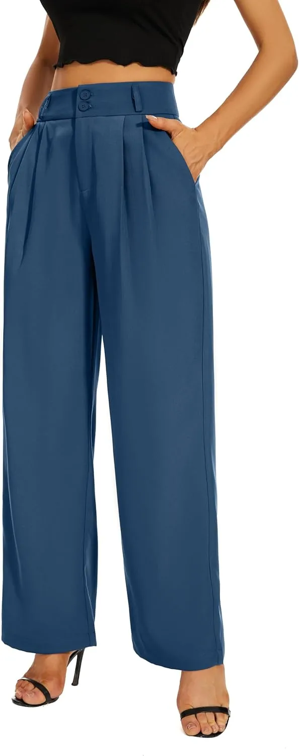 Women High Waist Wide Leg Dress Pants Pleated Front Wide Waistband Elastic Work Casual Long Trousers