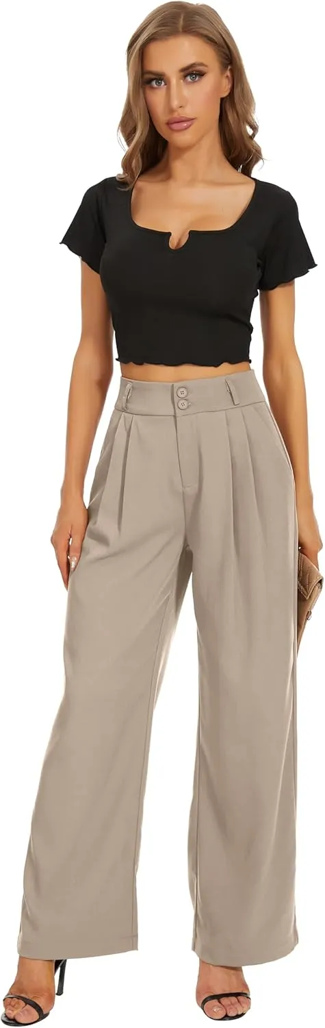 Women High Waist Wide Leg Dress Pants Pleated Front Wide Waistband Elastic Work Casual Long Trousers