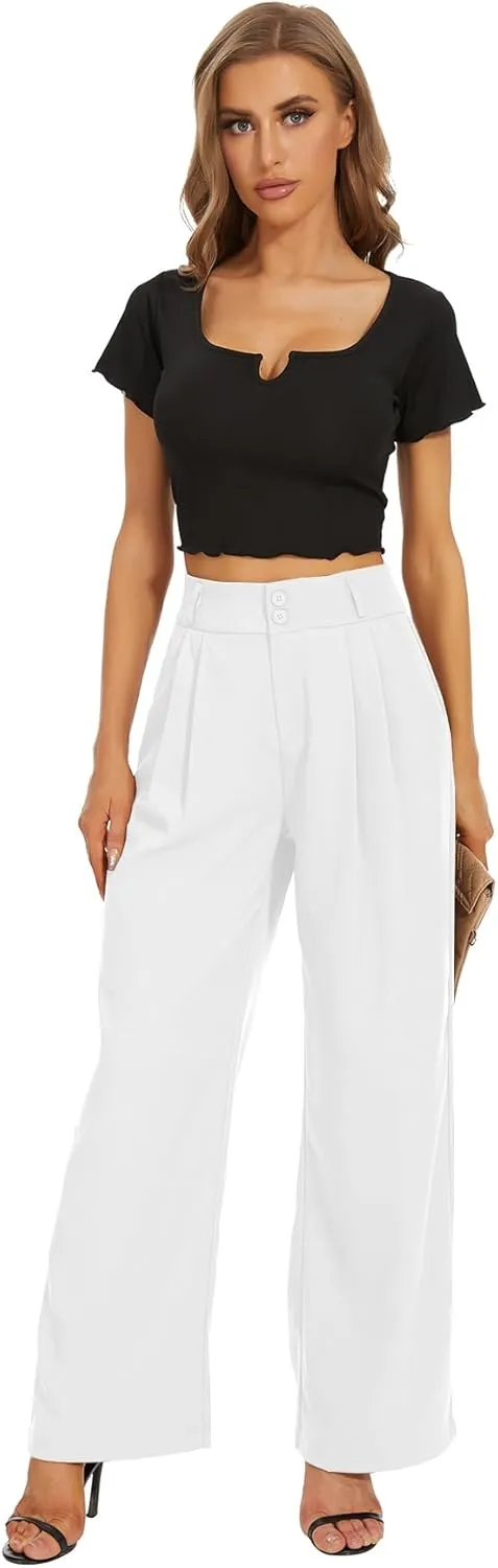 Women High Waist Wide Leg Dress Pants Pleated Front Wide Waistband Elastic Work Casual Long Trousers