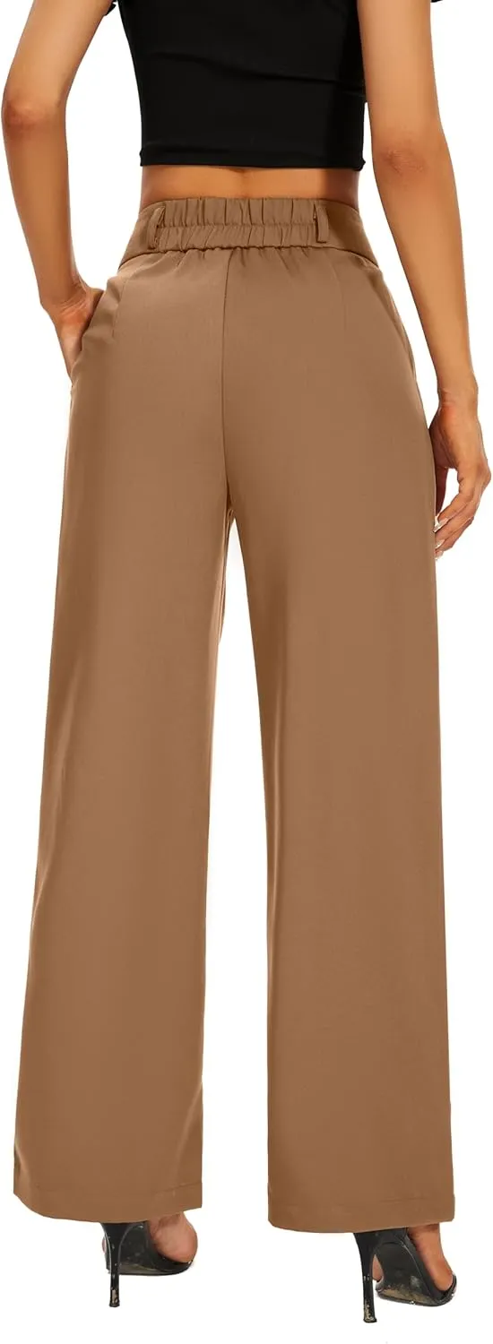 Women High Waist Wide Leg Dress Pants Pleated Front Wide Waistband Elastic Work Casual Long Trousers
