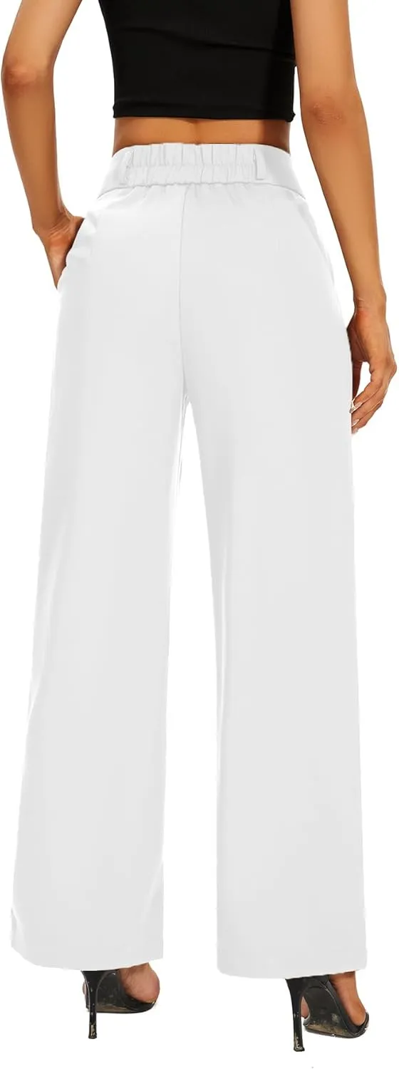 Women High Waist Wide Leg Dress Pants Pleated Front Wide Waistband Elastic Work Casual Long Trousers