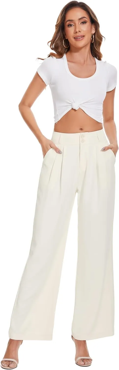 Women High Waist Wide Leg Dress Pants Pleated Front Wide Waistband Elastic Work Casual Long Trousers