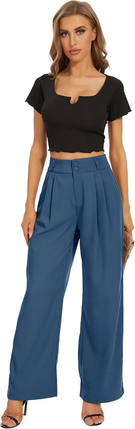 Women High Waist Wide Leg Dress Pants Pleated Front Wide Waistband Elastic Work Casual Long Trousers