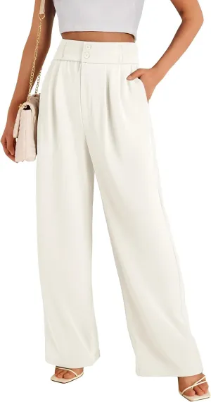 Women High Waist Wide Leg Dress Pants Pleated Front Wide Waistband Elastic Work Casual Long Trousers