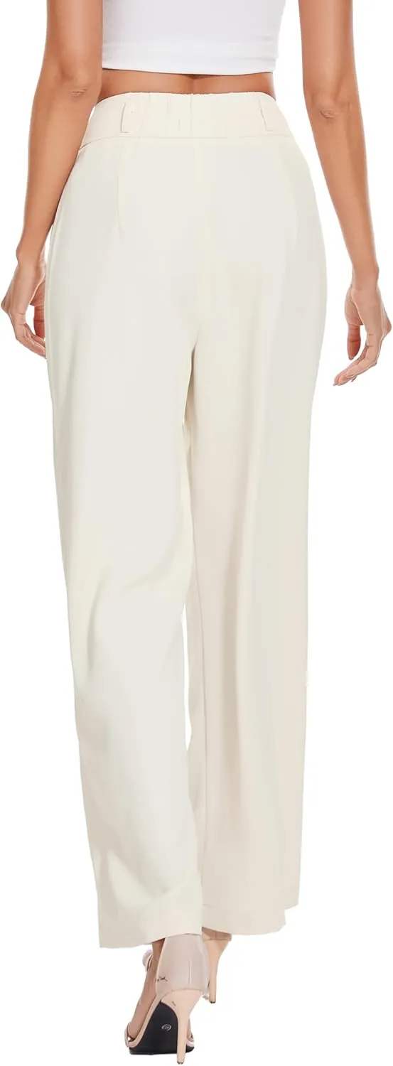 Women High Waist Wide Leg Dress Pants Pleated Front Wide Waistband Elastic Work Casual Long Trousers