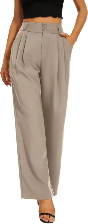 Women High Waist Wide Leg Dress Pants Pleated Front Wide Waistband Elastic Work Casual Long Trousers
