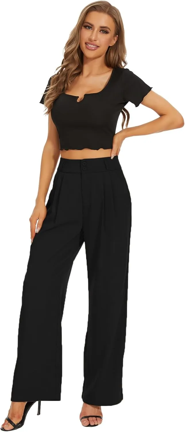 Women High Waist Wide Leg Dress Pants Pleated Front Wide Waistband Elastic Work Casual Long Trousers