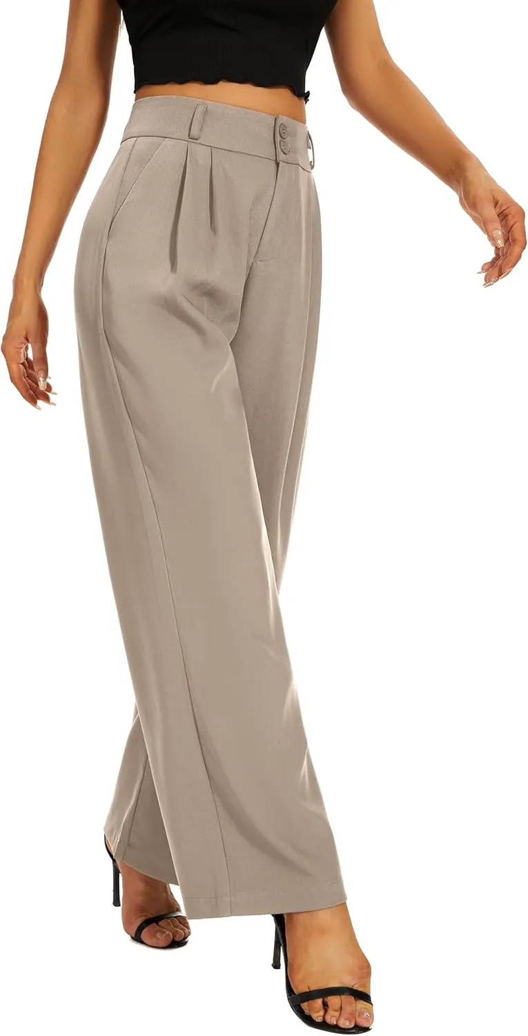Women High Waist Wide Leg Dress Pants Pleated Front Wide Waistband Elastic Work Casual Long Trousers