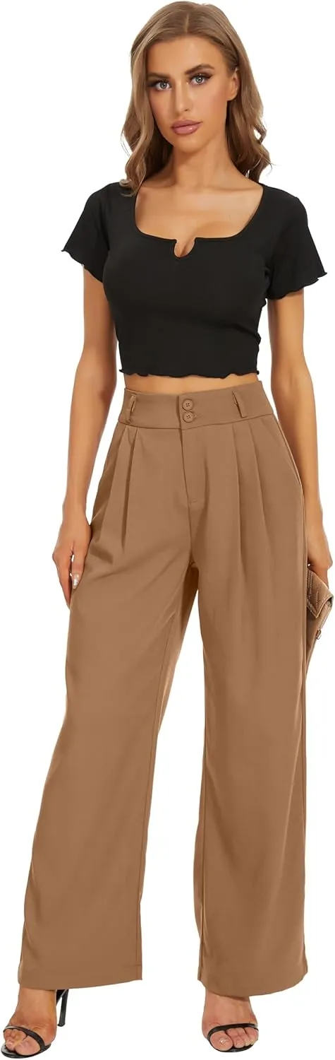 Women High Waist Wide Leg Dress Pants Pleated Front Wide Waistband Elastic Work Casual Long Trousers