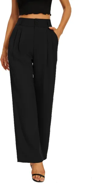 Women High Waist Wide Leg Dress Pants Pleated Front Wide Waistband Elastic Work Casual Long Trousers