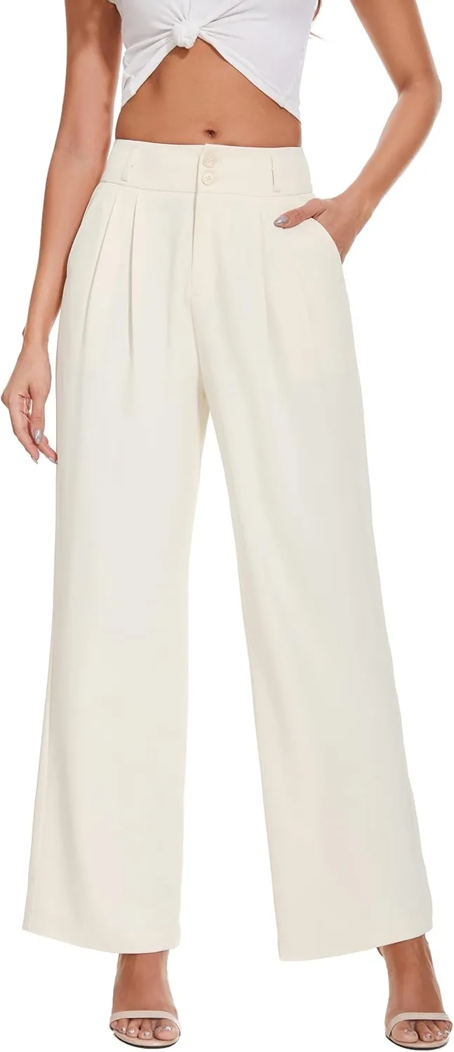 Women High Waist Wide Leg Dress Pants Pleated Front Wide Waistband Elastic Work Casual Long Trousers