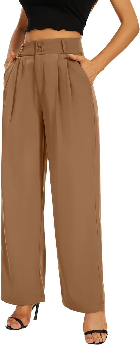 Women High Waist Wide Leg Dress Pants Pleated Front Wide Waistband Elastic Work Casual Long Trousers