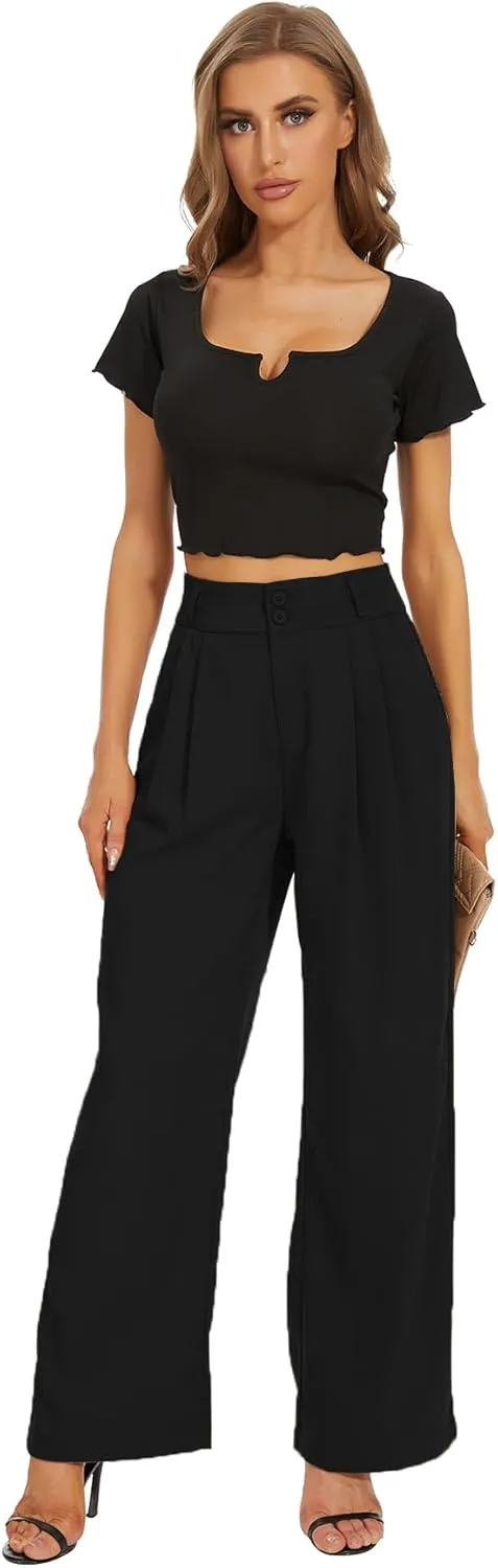 Women High Waist Wide Leg Dress Pants Pleated Front Wide Waistband Elastic Work Casual Long Trousers