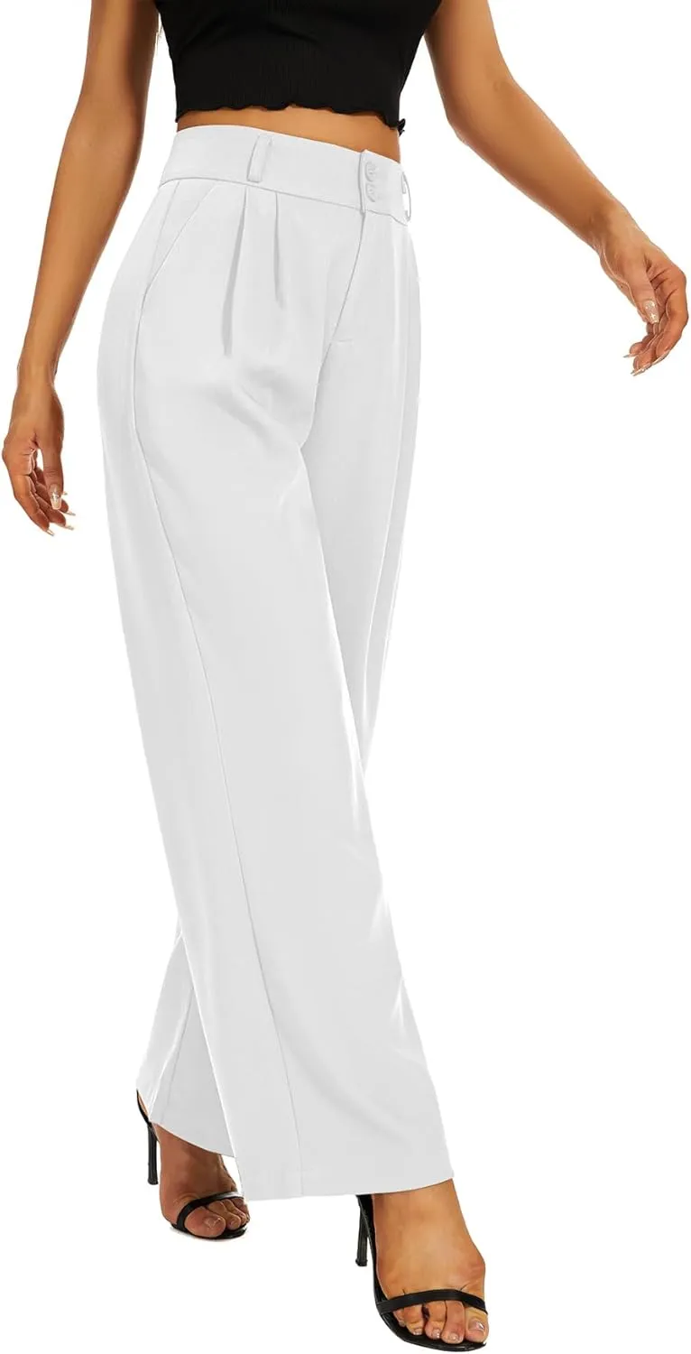 Women High Waist Wide Leg Dress Pants Pleated Front Wide Waistband Elastic Work Casual Long Trousers