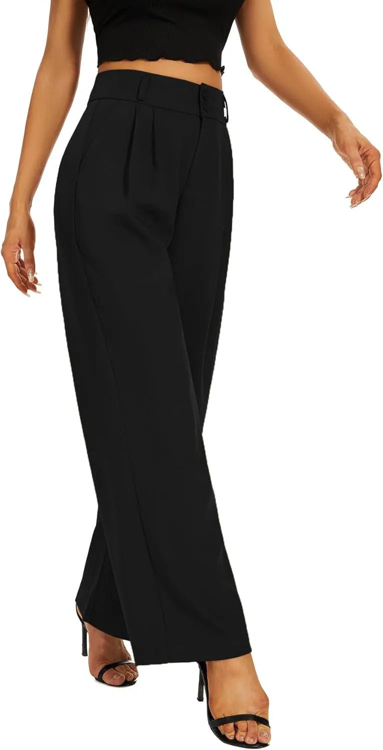 Women High Waist Wide Leg Dress Pants Pleated Front Wide Waistband Elastic Work Casual Long Trousers