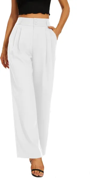 Women High Waist Wide Leg Dress Pants Pleated Front Wide Waistband Elastic Work Casual Long Trousers