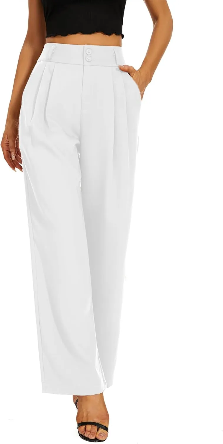 Women High Waist Wide Leg Dress Pants Pleated Front Wide Waistband Elastic Work Casual Long Trousers