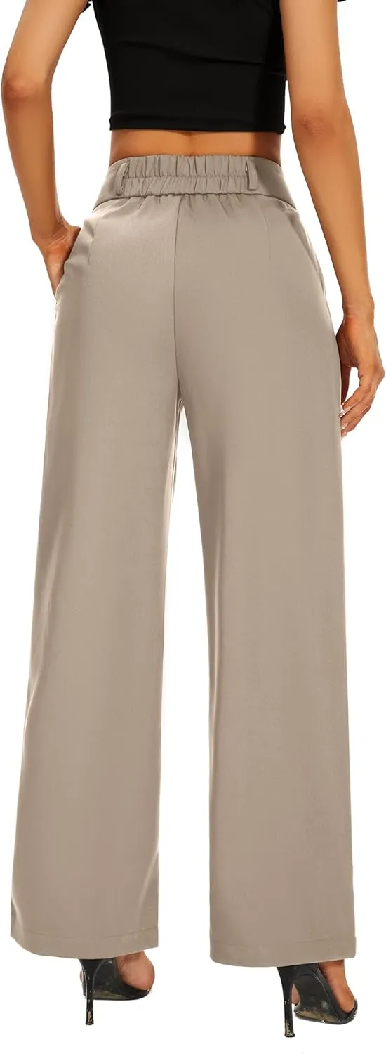 Women High Waist Wide Leg Dress Pants Pleated Front Wide Waistband Elastic Work Casual Long Trousers