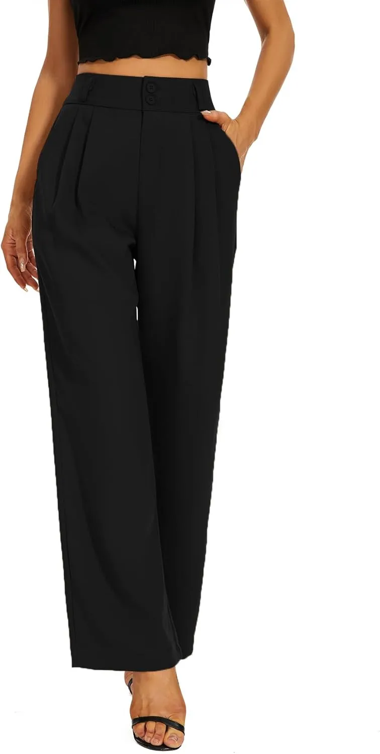 Women High Waist Wide Leg Dress Pants Pleated Front Wide Waistband Elastic Work Casual Long Trousers