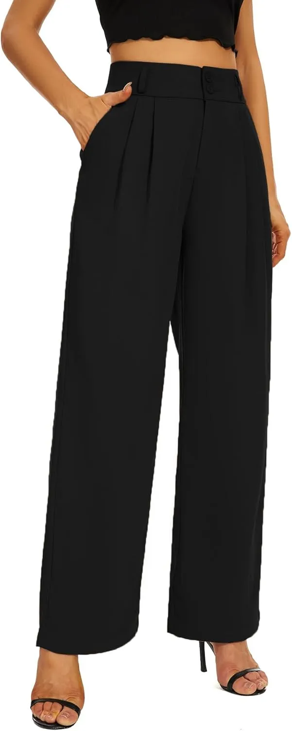 Women High Waist Wide Leg Dress Pants Pleated Front Wide Waistband Elastic Work Casual Long Trousers