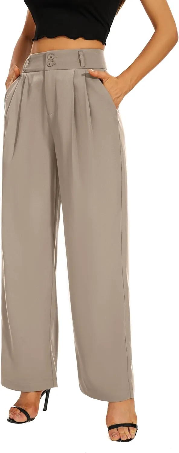 Women High Waist Wide Leg Dress Pants Pleated Front Wide Waistband Elastic Work Casual Long Trousers