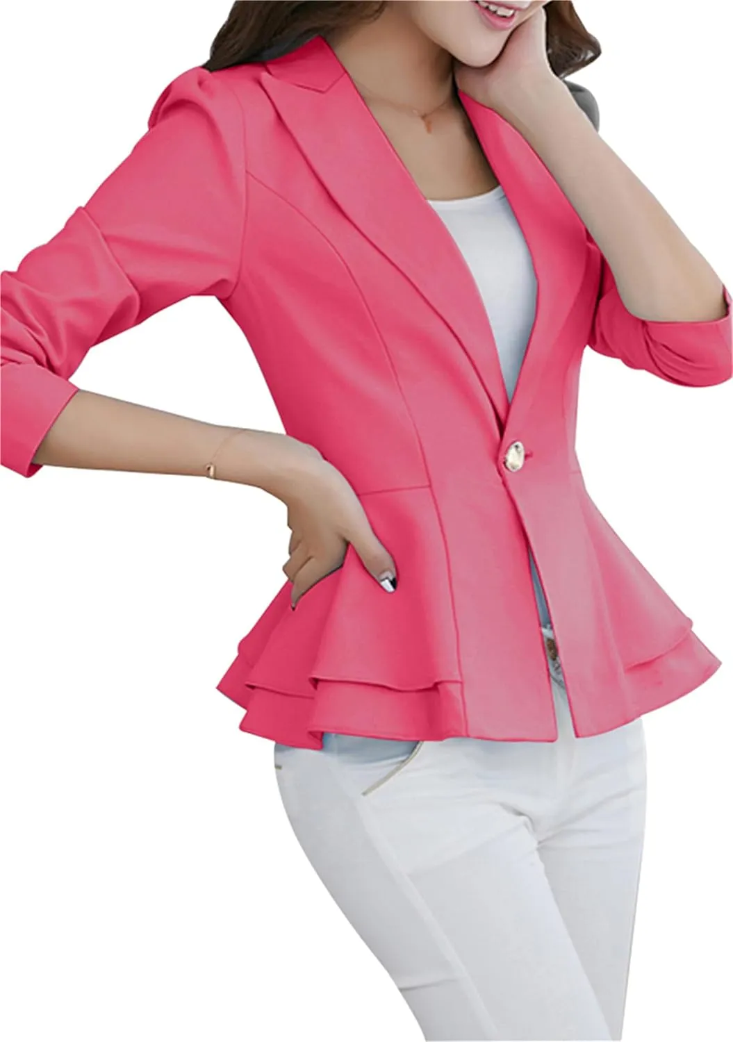 Women Notch Lapel Slim Blazer Plain Long Sleeve Office Jacket Peplum Hem One Button Coat