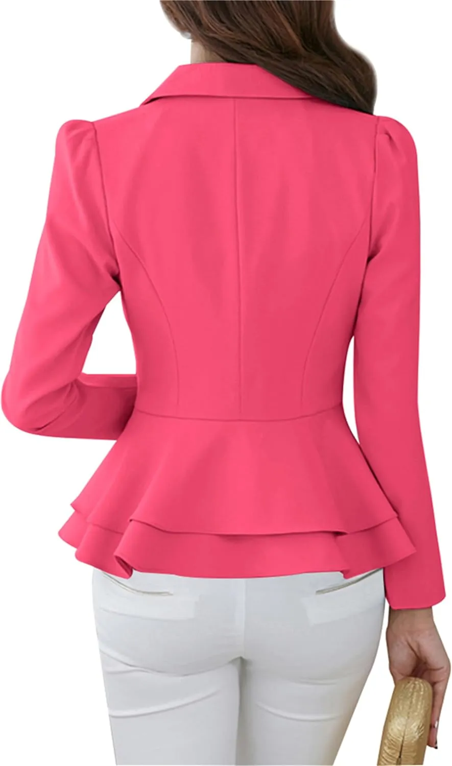Women Notch Lapel Slim Blazer Plain Long Sleeve Office Jacket Peplum Hem One Button Coat